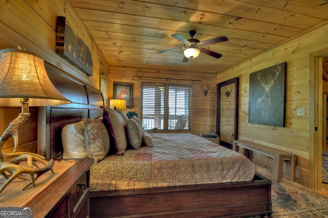 bedroom featuring ceiling fan, wooden walls, and wood ceiling