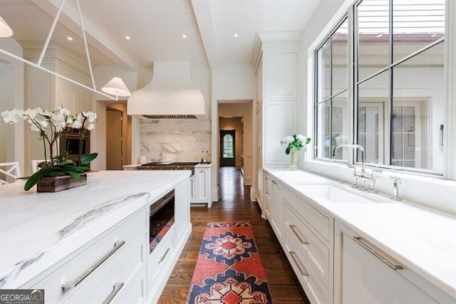 kitchen featuring stainless steel microwave, a healthy amount of sunlight, dark wood-type flooring, and custom exhaust hood