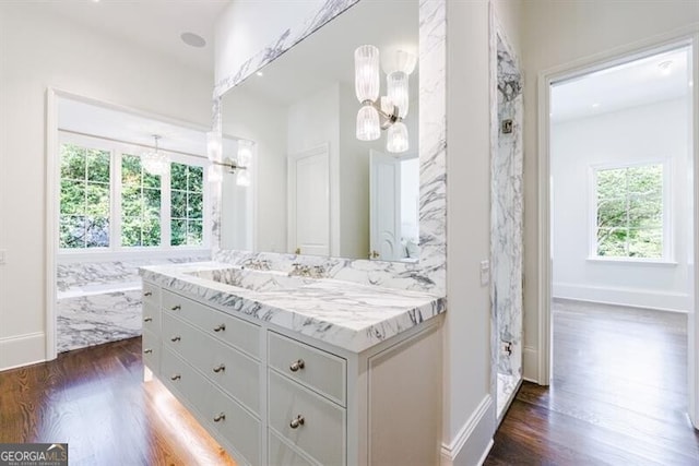 bathroom with vanity and hardwood / wood-style floors