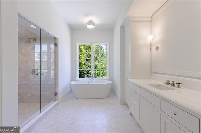 bathroom with plus walk in shower and vanity