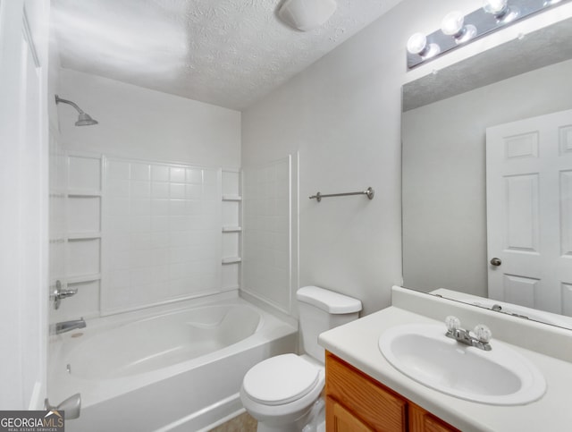 full bathroom with a textured ceiling, vanity, toilet, and shower / tub combination