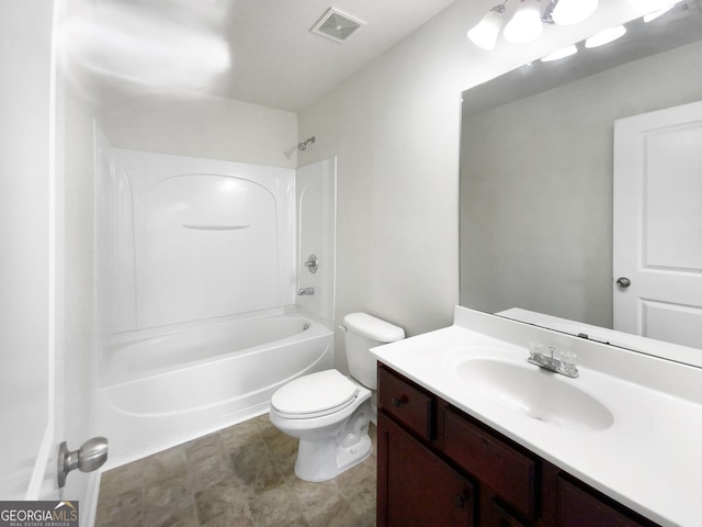 full bathroom featuring toilet, shower / bathing tub combination, vanity, and tile flooring