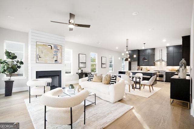 living room featuring ceiling fan and light hardwood / wood-style floors