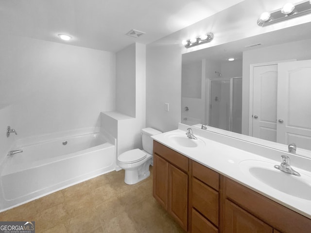 full bathroom with toilet, dual bowl vanity, tile floors, and shower with separate bathtub