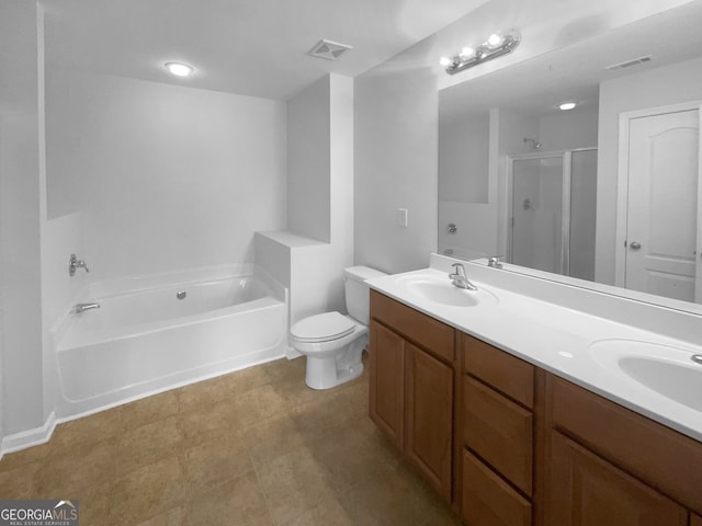 full bathroom with shower with separate bathtub, toilet, tile floors, and dual bowl vanity