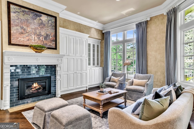 living room featuring a healthy amount of sunlight, dark wood-type flooring, and crown molding