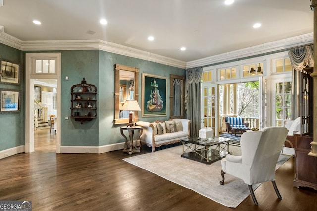 interior space with crown molding and dark hardwood / wood-style floors