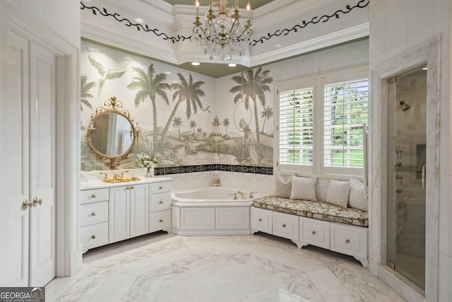 bathroom featuring plus walk in shower, crown molding, tile floors, vanity, and an inviting chandelier