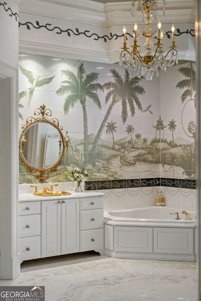 bathroom with tile flooring, a bath, vanity, and an inviting chandelier