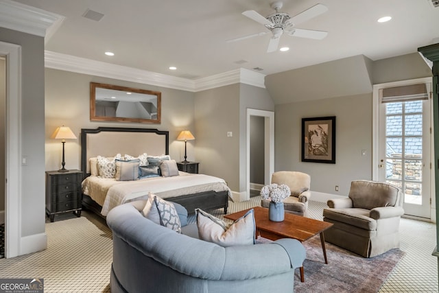 bedroom with ornamental molding, ceiling fan, and access to exterior