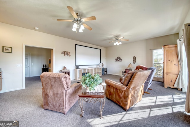 living room with carpet floors and ceiling fan