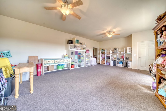 game room featuring ceiling fan and carpet floors