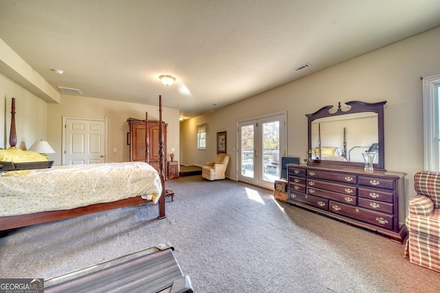 carpeted bedroom featuring french doors and access to outside