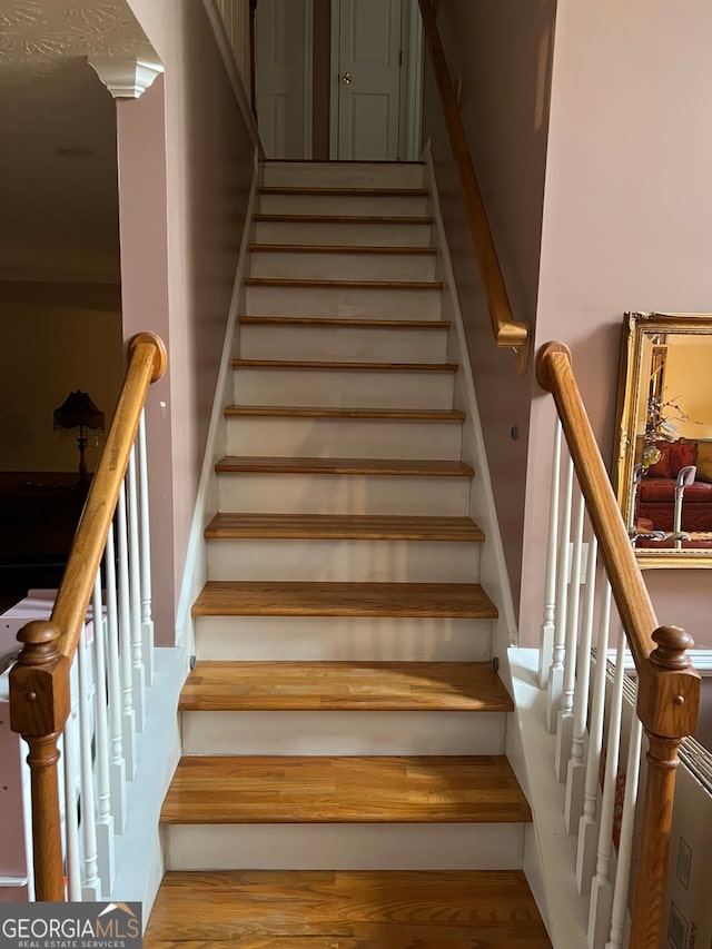 staircase with wood-type flooring