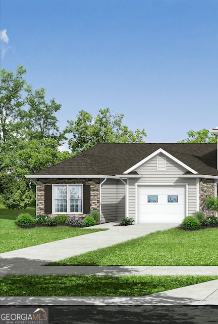 ranch-style house featuring a garage and a front lawn