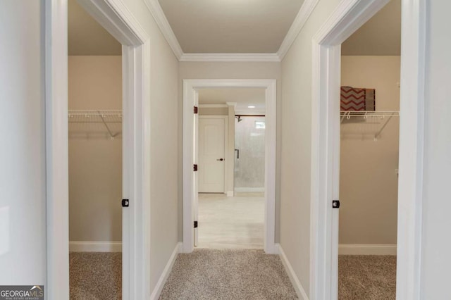 hallway with crown molding and light carpet