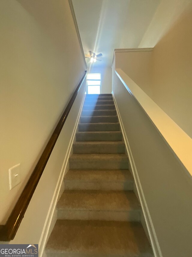 staircase featuring ceiling fan