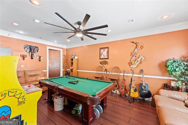 playroom with ornamental molding, wood-type flooring, pool table, and ceiling fan