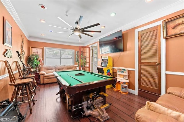 recreation room featuring crown molding, pool table, and dark hardwood / wood-style floors