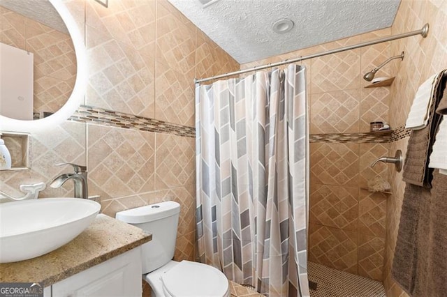 bathroom with tile walls, curtained shower, toilet, tasteful backsplash, and vanity