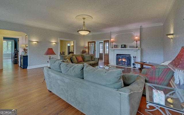 living room with light hardwood / wood-style floors, crown molding, and a fireplace