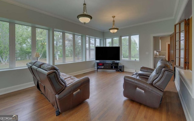 living room with a healthy amount of sunlight, wood-type flooring, and crown molding