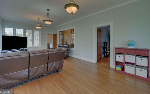 living room featuring ornamental molding and light hardwood / wood-style floors