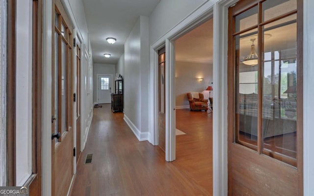 hallway with hardwood / wood-style floors