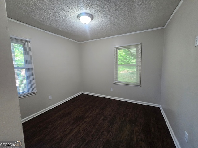 empty room with a wealth of natural light, dark hardwood / wood-style flooring, and a textured ceiling