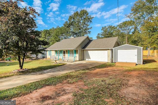 single story home featuring a garage, a porch, and a front yard