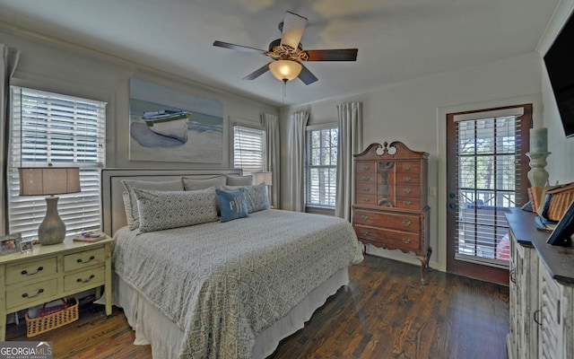 bedroom featuring dark hardwood / wood-style flooring, multiple windows, ceiling fan, and crown molding