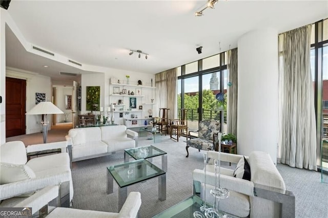 carpeted living room with track lighting