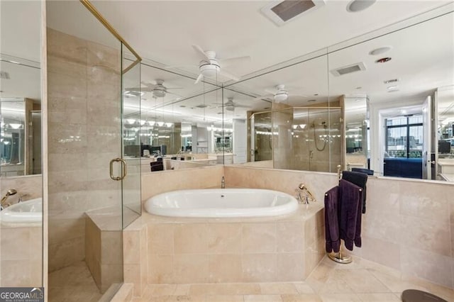 bathroom featuring shower with separate bathtub, ceiling fan, and tile flooring