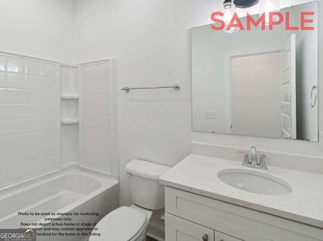 full bathroom with shower / bathing tub combination, oversized vanity, and toilet