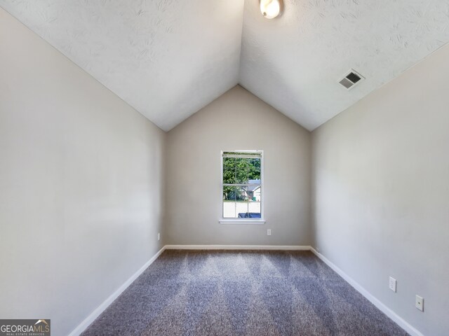 carpeted spare room with lofted ceiling and a textured ceiling