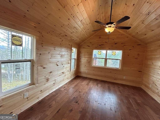 empty room with wood ceiling, wood walls, wood-type flooring, and vaulted ceiling