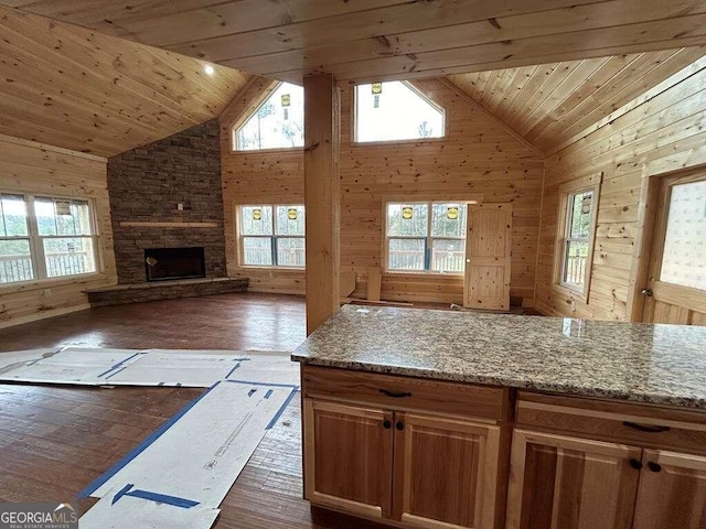 kitchen featuring wooden ceiling, dark hardwood / wood-style floors, wood walls, and a fireplace