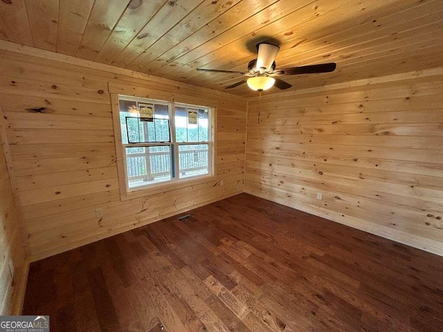 unfurnished room with wood ceiling, wood walls, wood-type flooring, and ceiling fan