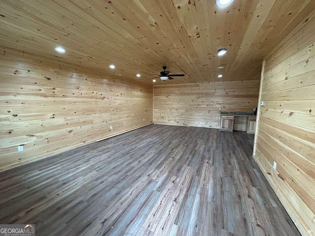 interior space with wood walls, ceiling fan, hardwood / wood-style floors, and wooden ceiling