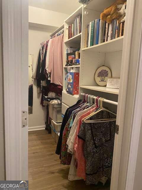 walk in closet with hardwood / wood-style flooring