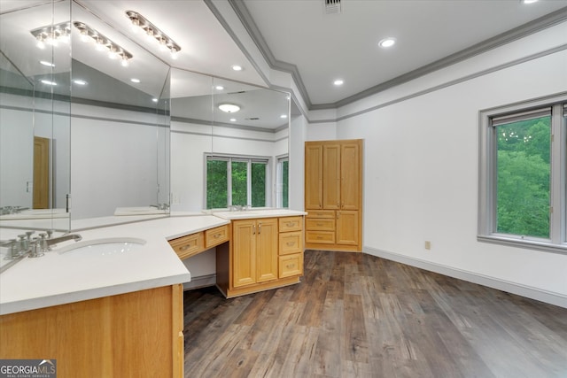 bathroom featuring dual vanity, ornamental molding, and wood-type flooring