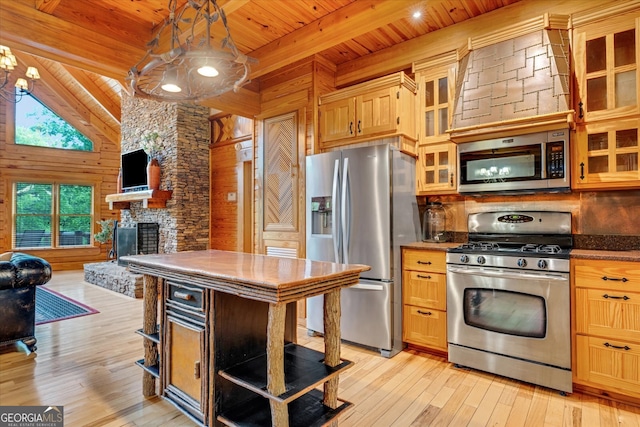 kitchen with stainless steel appliances, hanging light fixtures, light wood-type flooring, wood ceiling, and beamed ceiling