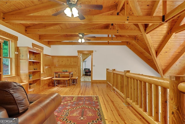 living room featuring wooden ceiling, vaulted ceiling with beams, ceiling fan, and light wood-type flooring