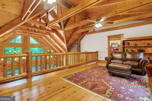 living room featuring wooden ceiling, lofted ceiling with beams, light hardwood / wood-style flooring, and wood walls