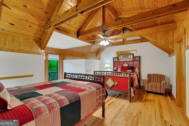 bedroom with vaulted ceiling with beams, ceiling fan, light hardwood / wood-style flooring, and wooden ceiling