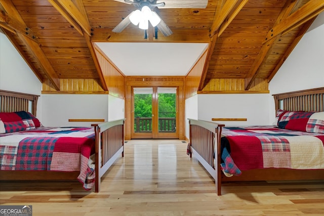 bedroom with wooden ceiling, hardwood / wood-style floors, ceiling fan, and access to exterior