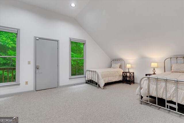 bedroom with vaulted ceiling and carpet