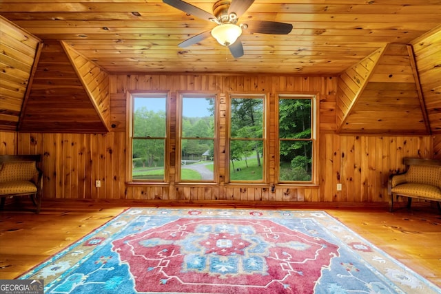 bonus room featuring wood ceiling, vaulted ceiling, wood-type flooring, and wood walls