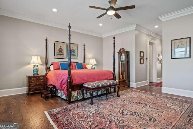 bedroom featuring ornamental molding, ceiling fan, and dark hardwood / wood-style flooring