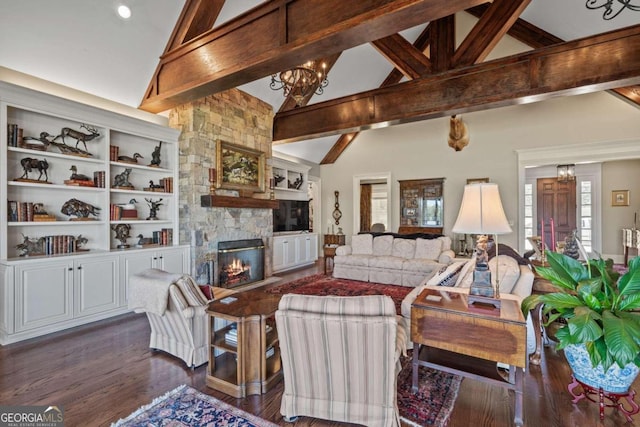 living room with a chandelier, beamed ceiling, dark hardwood / wood-style flooring, high vaulted ceiling, and a fireplace